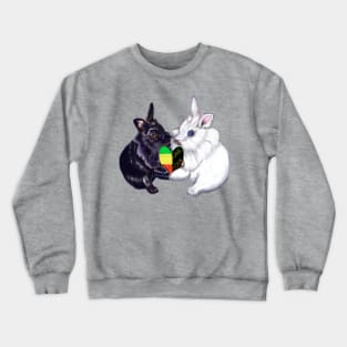 Reggae bunnies - bunny rabbits holding a love heart shape - pair of cute furry ebony and snow colored coloured lionhead bunny rabbit Crewneck Sweatshirt